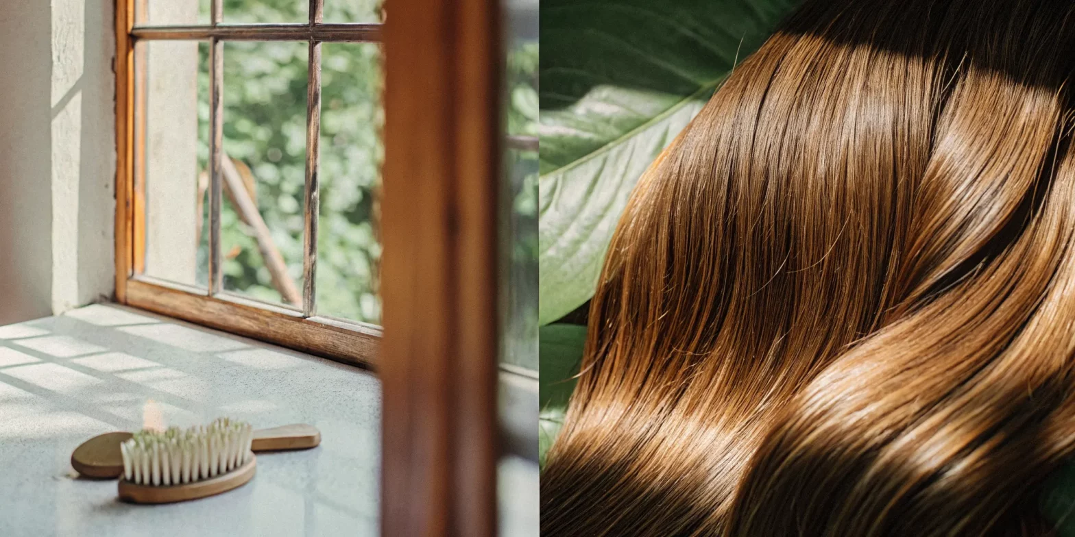 Glossy healthy color-treated brunette hair illustrating keratin for hair care