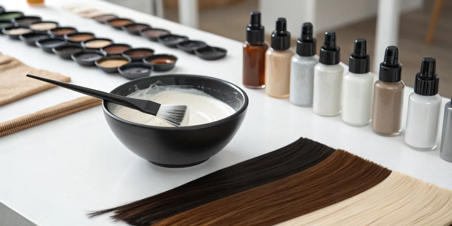Demi-permanent hair color swatches, a mixing bowl, brush, and bottles on a salon table.