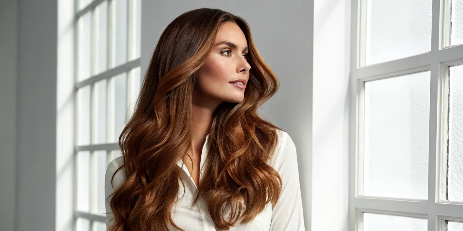 Woman with long, healthy, and shiny brunette hair.