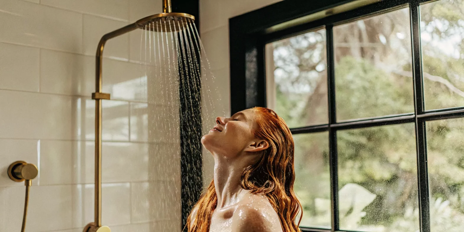 Woman with auburn hair enjoying a gentle rainfall shower, soft natural light, spa-like bathroom