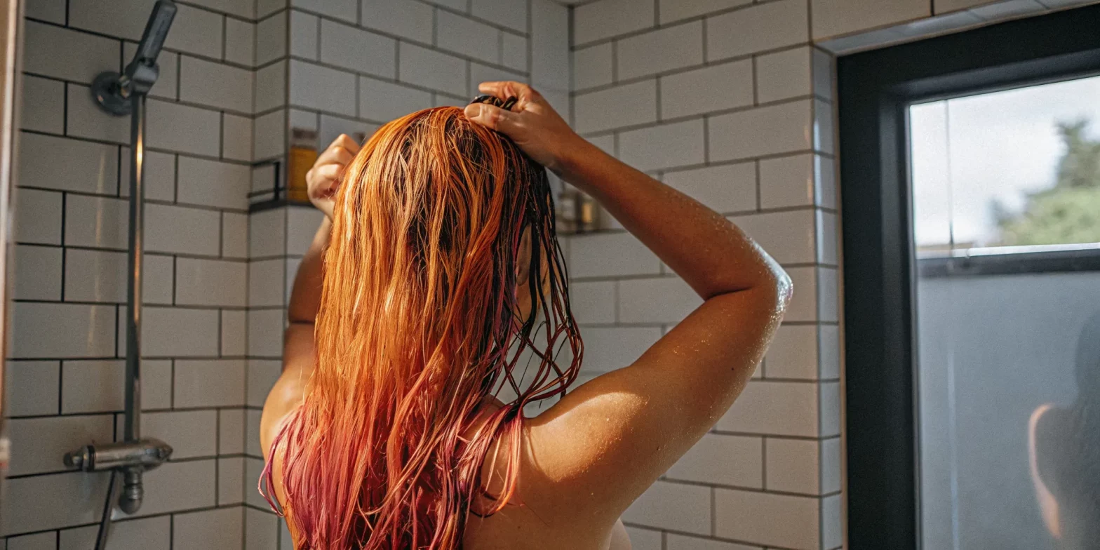 Woman with healthy, vibrant color-treated hair in a bright bathroom