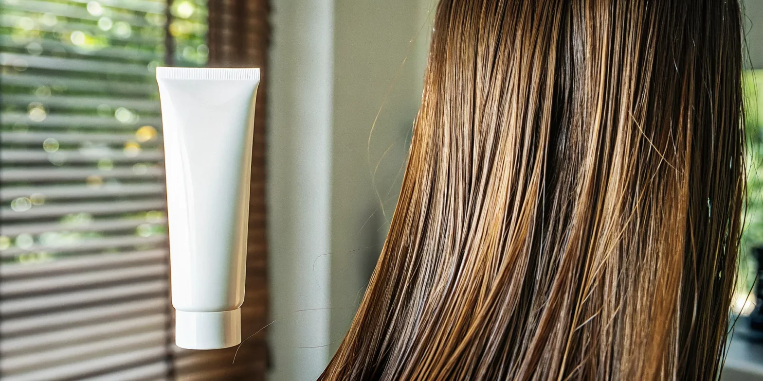 Close-up of shiny healthy color-treated hair next to a tube of Solanesse deep conditioner