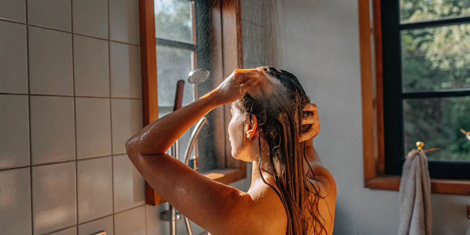 Woman with healthy color-treated hair washing in a bright modern bathroom, natural light, minimalist luxury aesthetic