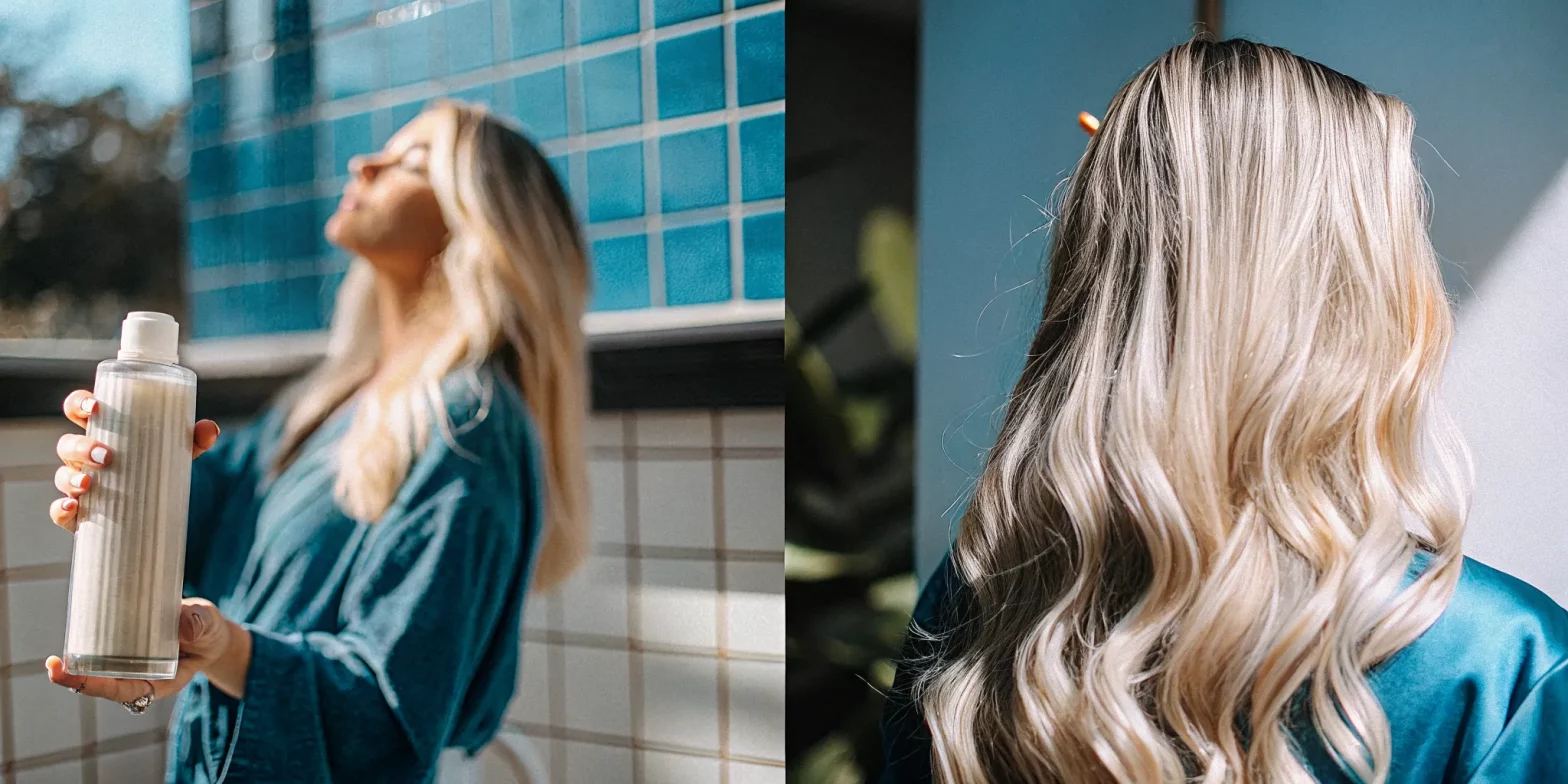 Luxurious blonde woman with healthy shiny post-bleach hair holding a glass bottle of deep conditioner