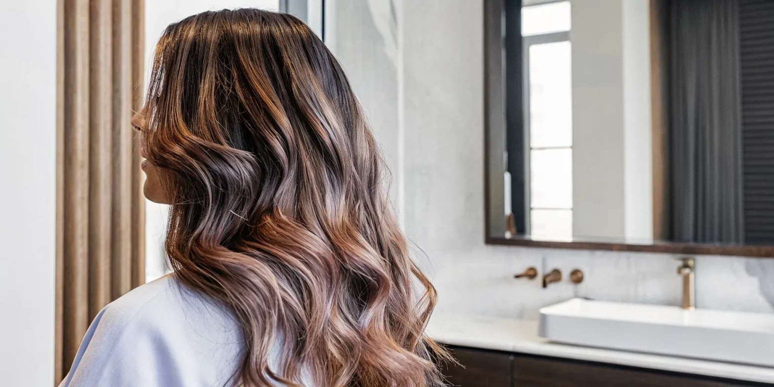 Woman with vibrant shiny color-treated hair cascading in soft waves, luxury bathroom setting