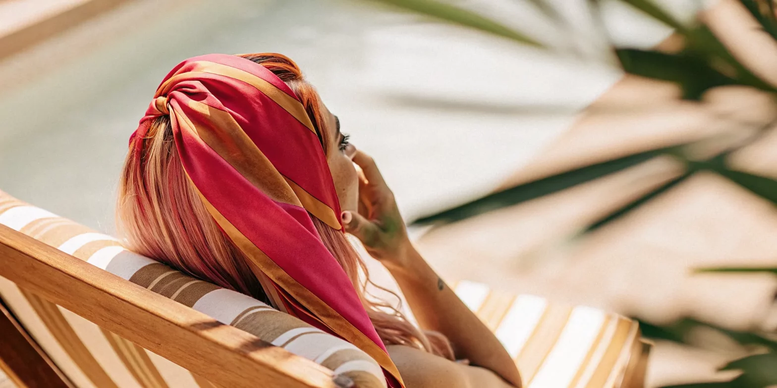 Elegant woman with color-treated hair wearing a silk scarf by the pool on a sunny summer day