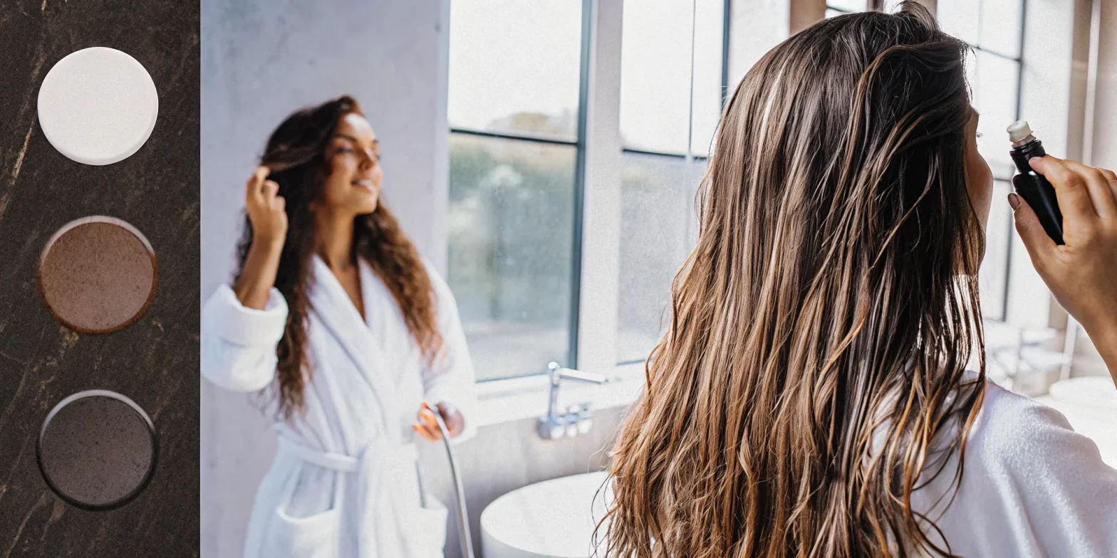 Woman with healthy, glossy color-treated hair in a bright modern bathroom with a luxury hair treatment product