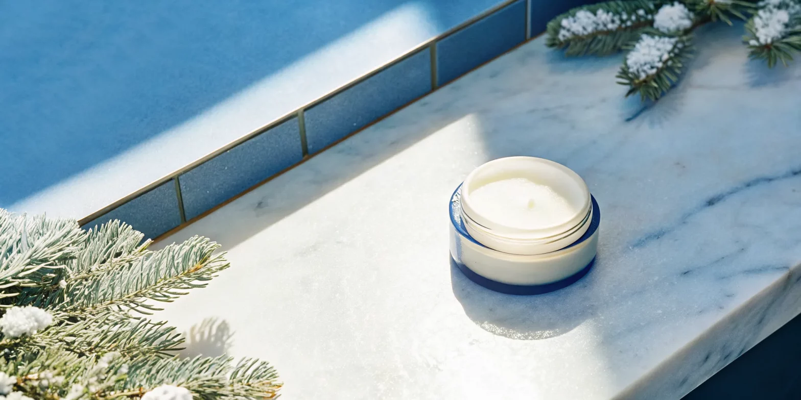 Luxury deep conditioner on marble surface with frost and evergreen winter aesthetic