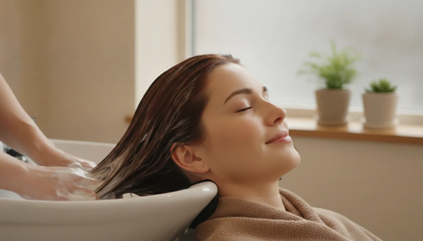 Woman receiving a luxurious deep-conditioning treatment for color-treated hair