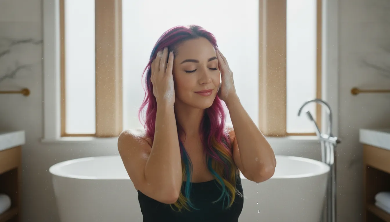 Woman washing her color-treated hair in a bright modern bathroom