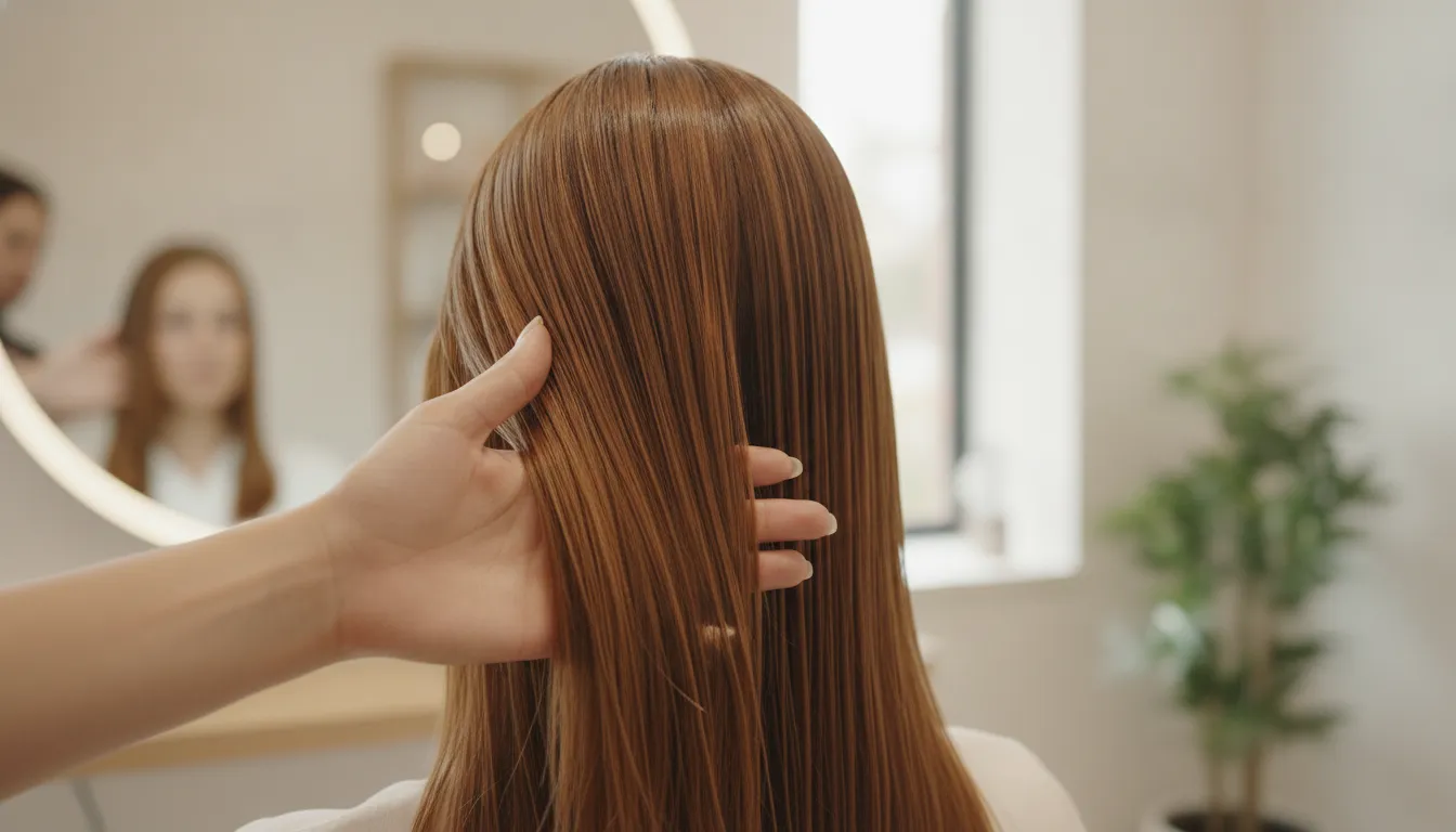 Glossy, healthy color-treated hair being gently stroked in a clean, softly lit salon