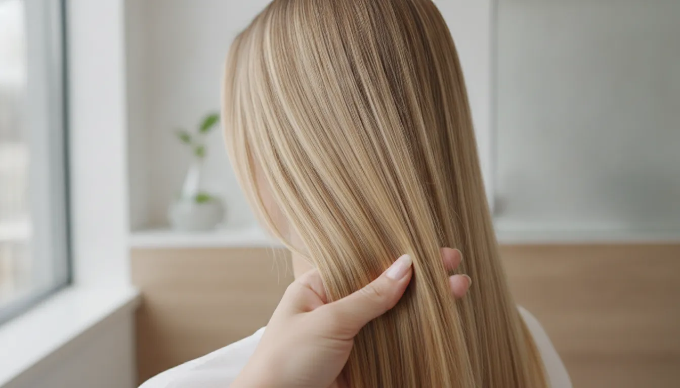 Close-up of glossy, healthy color-treated hair strands in soft natural light
