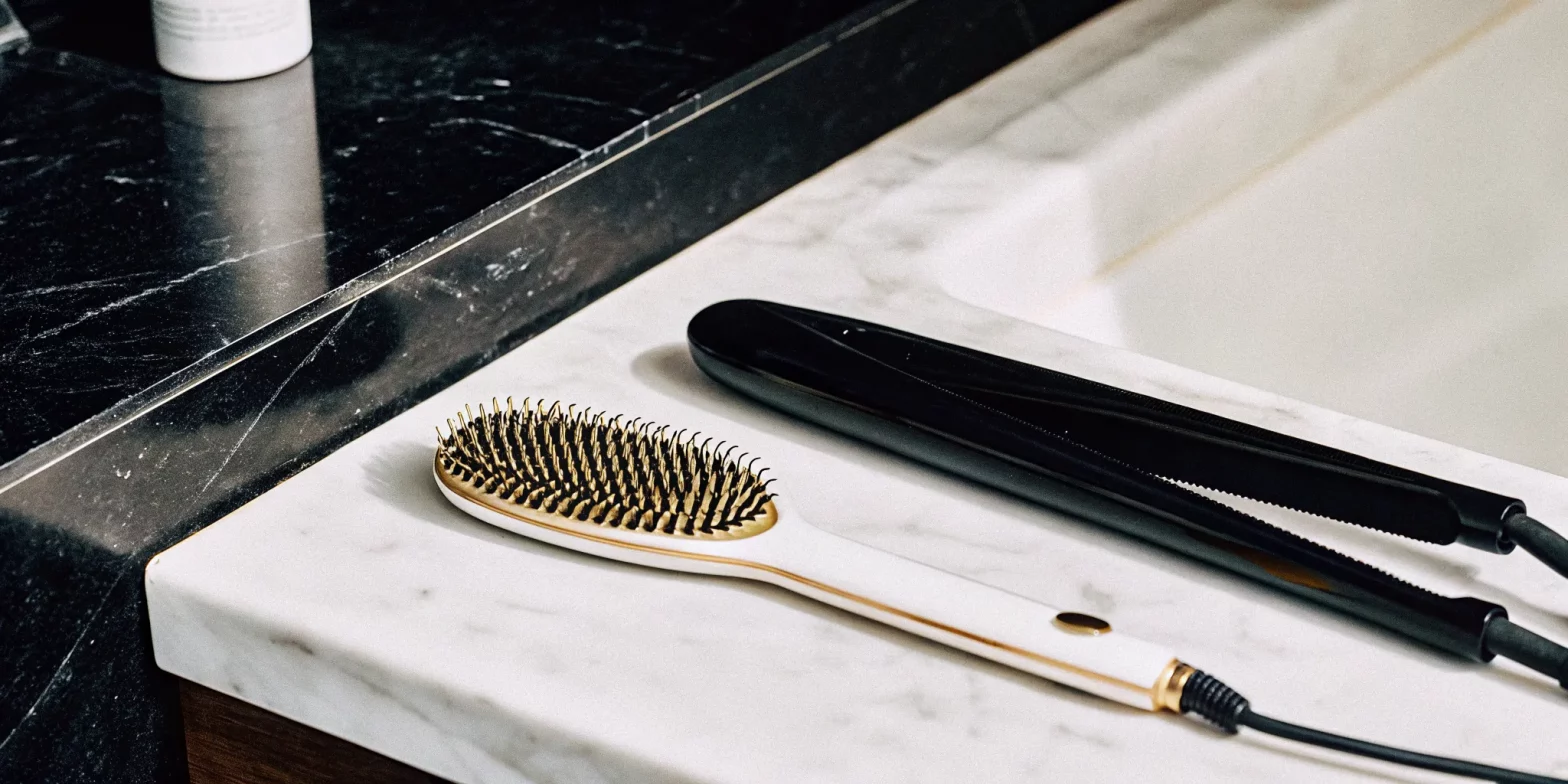 Professional styling tools on a marble vanity beside a minimalist luxury hair care tube