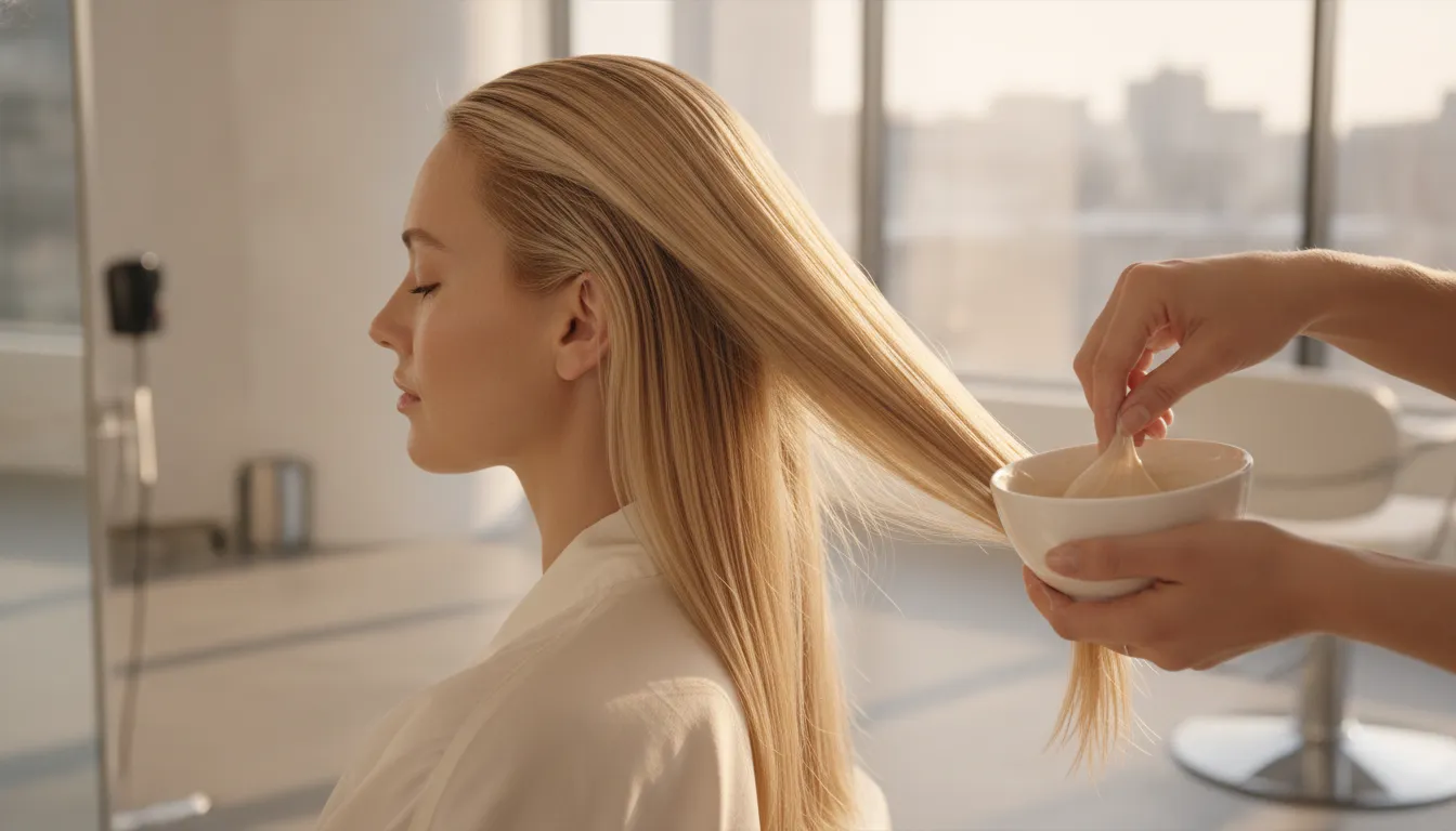 Woman receiving gentle conditioning care for bleached hair