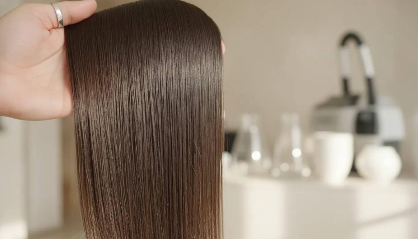 Smooth, glossy strands of repaired hair in soft natural light