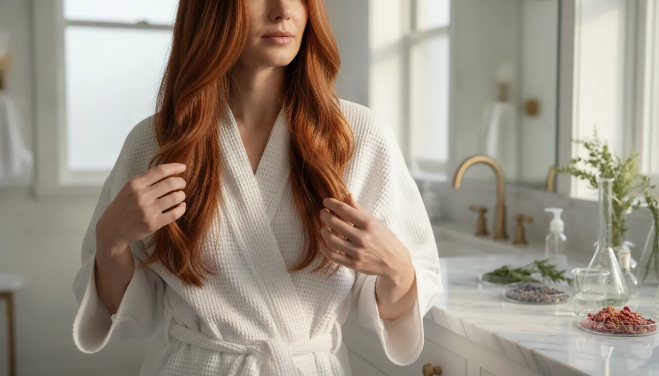 Woman with glossy, healthy color-treated hair in soft natural light