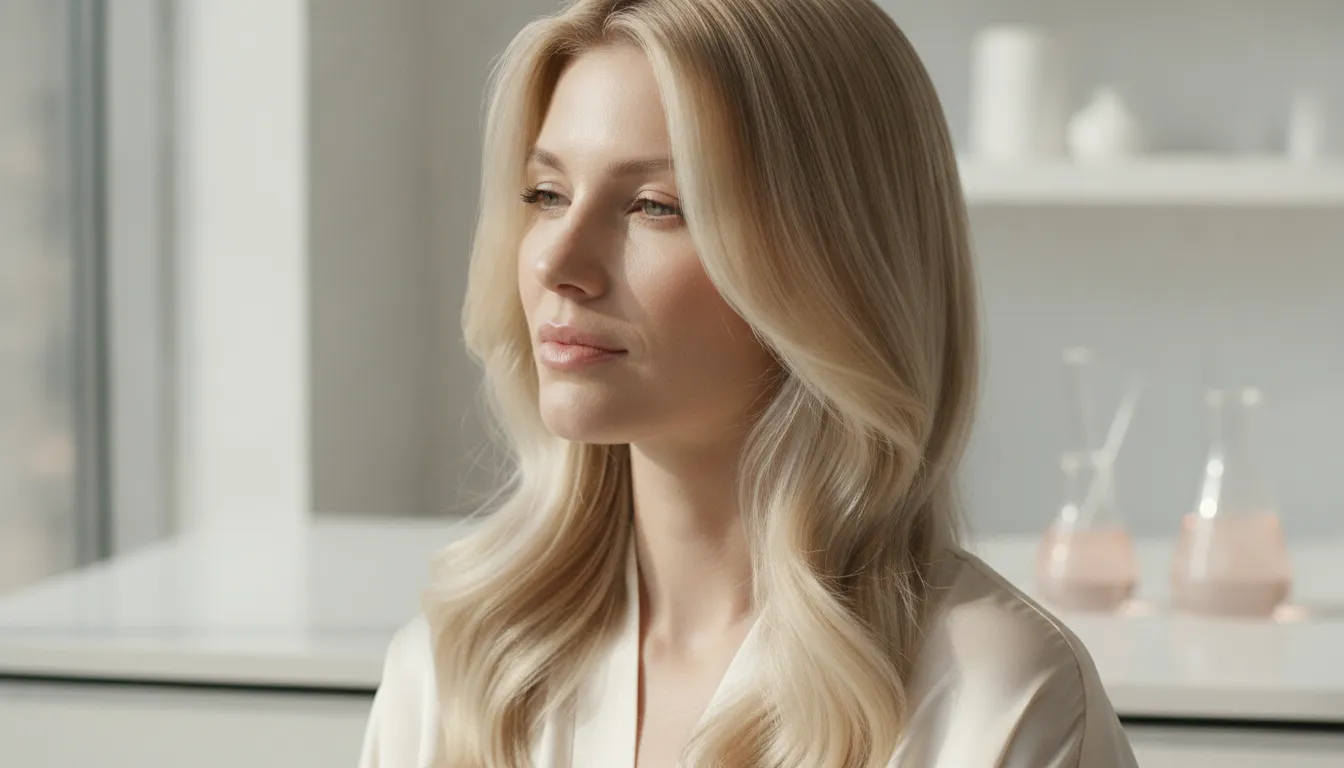 Glossy healthy bleached blonde hair in soft natural light