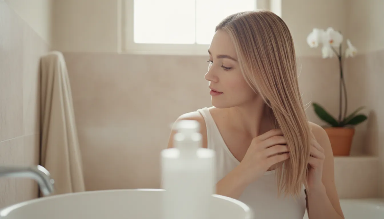 Woman applying conditioner to fine color-treated hair