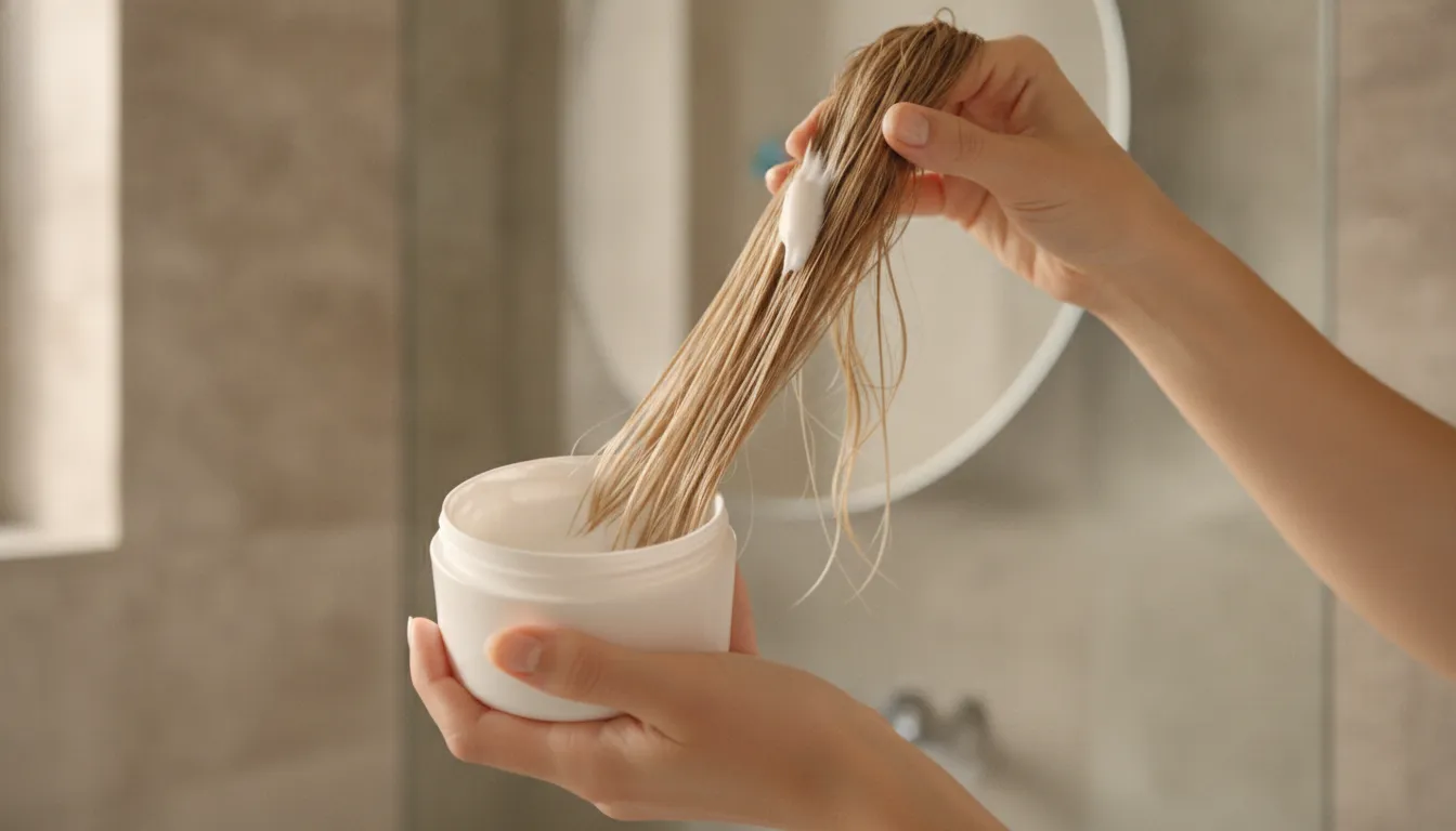 Woman applying deep conditioner to fine color-treated hair