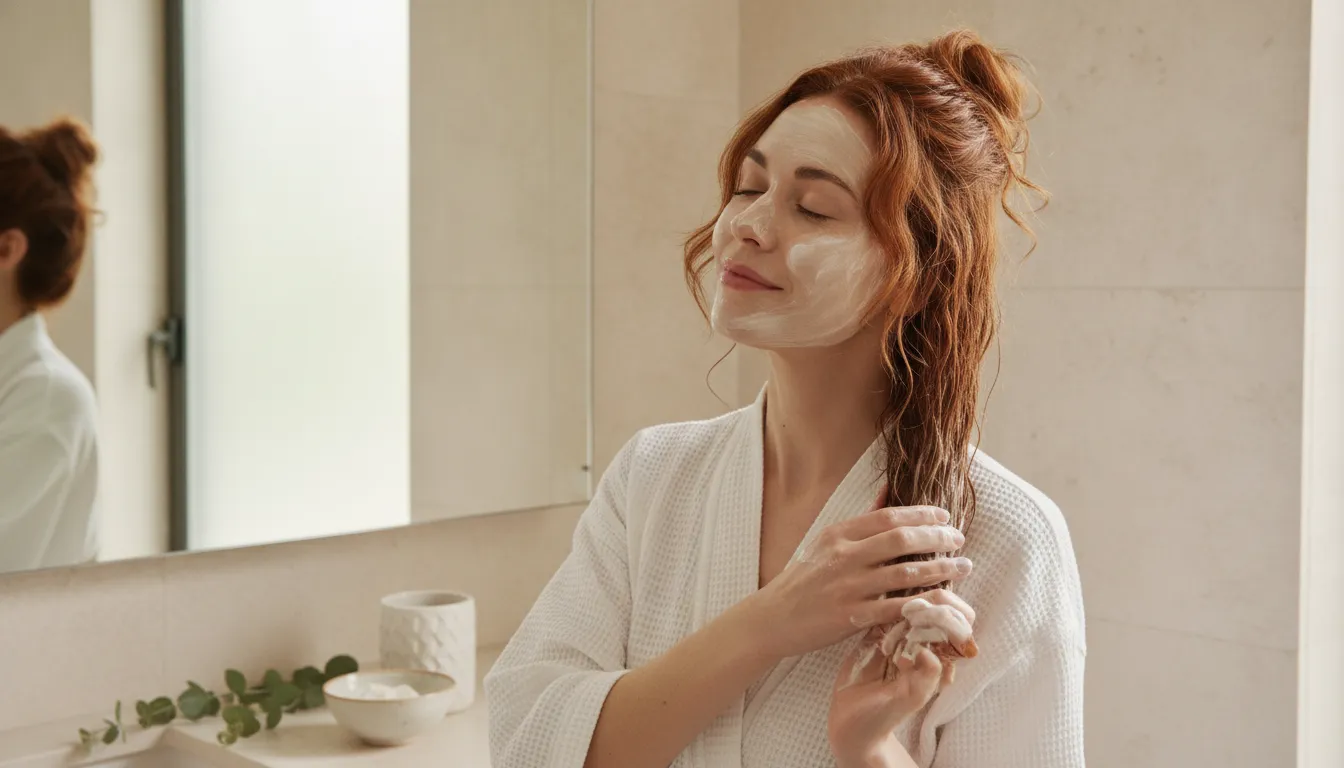 Woman applying a deep conditioning mask for high porosity hair