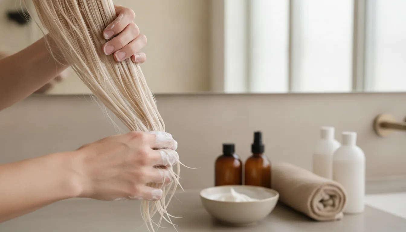 Woman applying a conditioning treatment to bleached hair in soft natural light