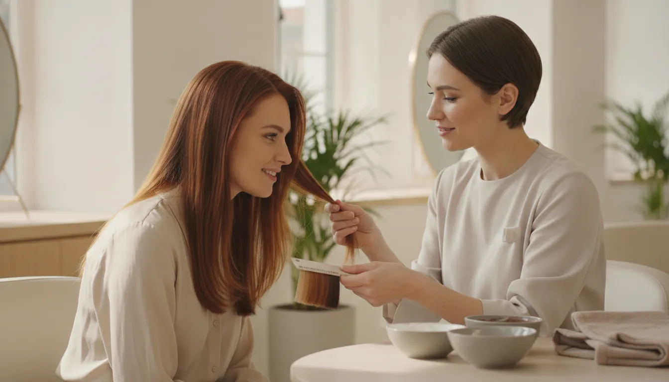 Woman consulting a professional colorist before a hair color service