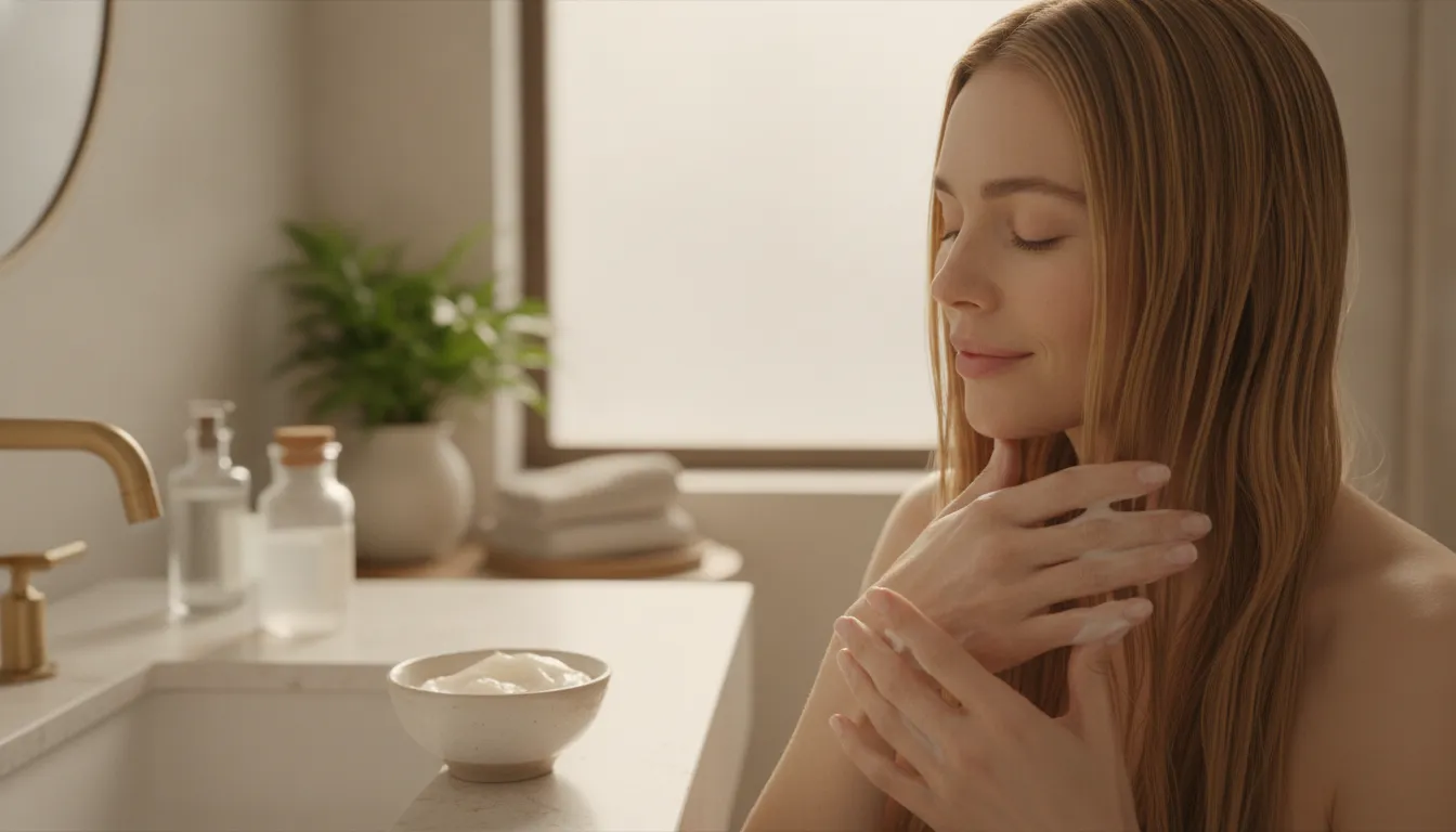 Woman applying a luxury hair treatment to color-treated hair