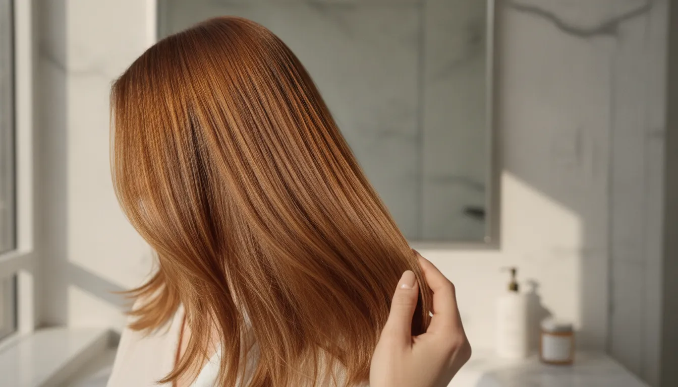 Glossy color-treated hair in a softly lit bathroom