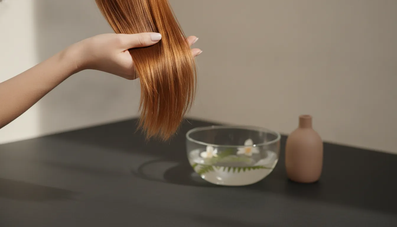 Woman with smooth color-treated hair in a clean clinical beauty setting