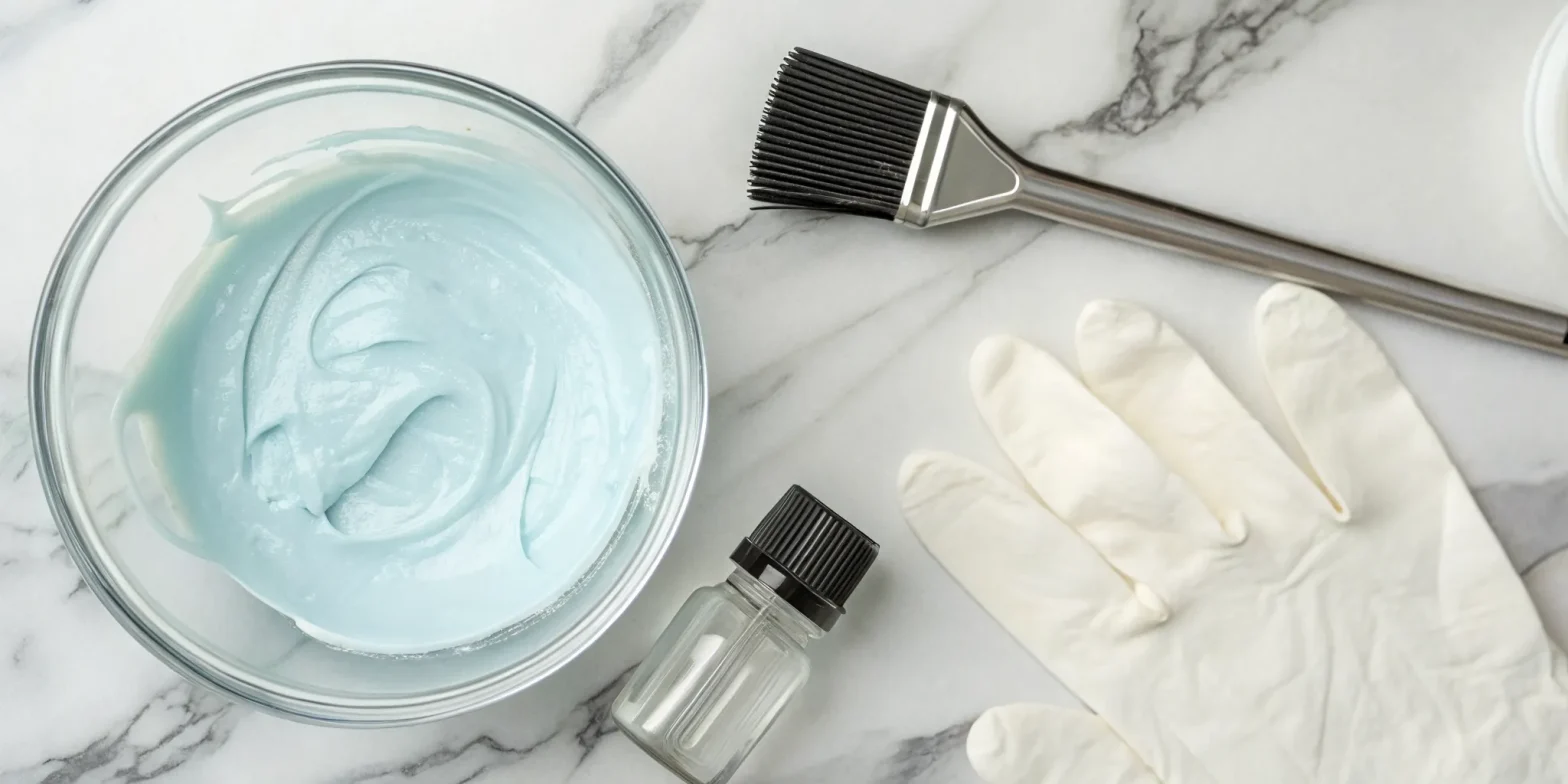 A bowl of hair bleach and an application brush prepared for lightening hair.