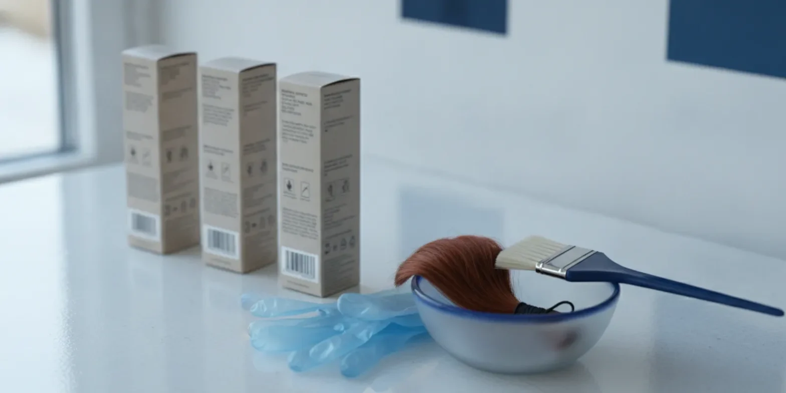 Hair dye packaging and ingredient labels beside gloves and a strand of hair for comparing formulas